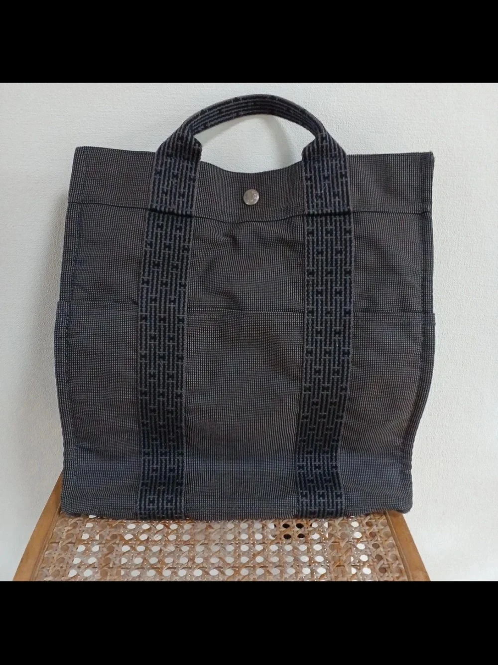 Hermes Black Canvas Messenger Tote with Signature Webbing
